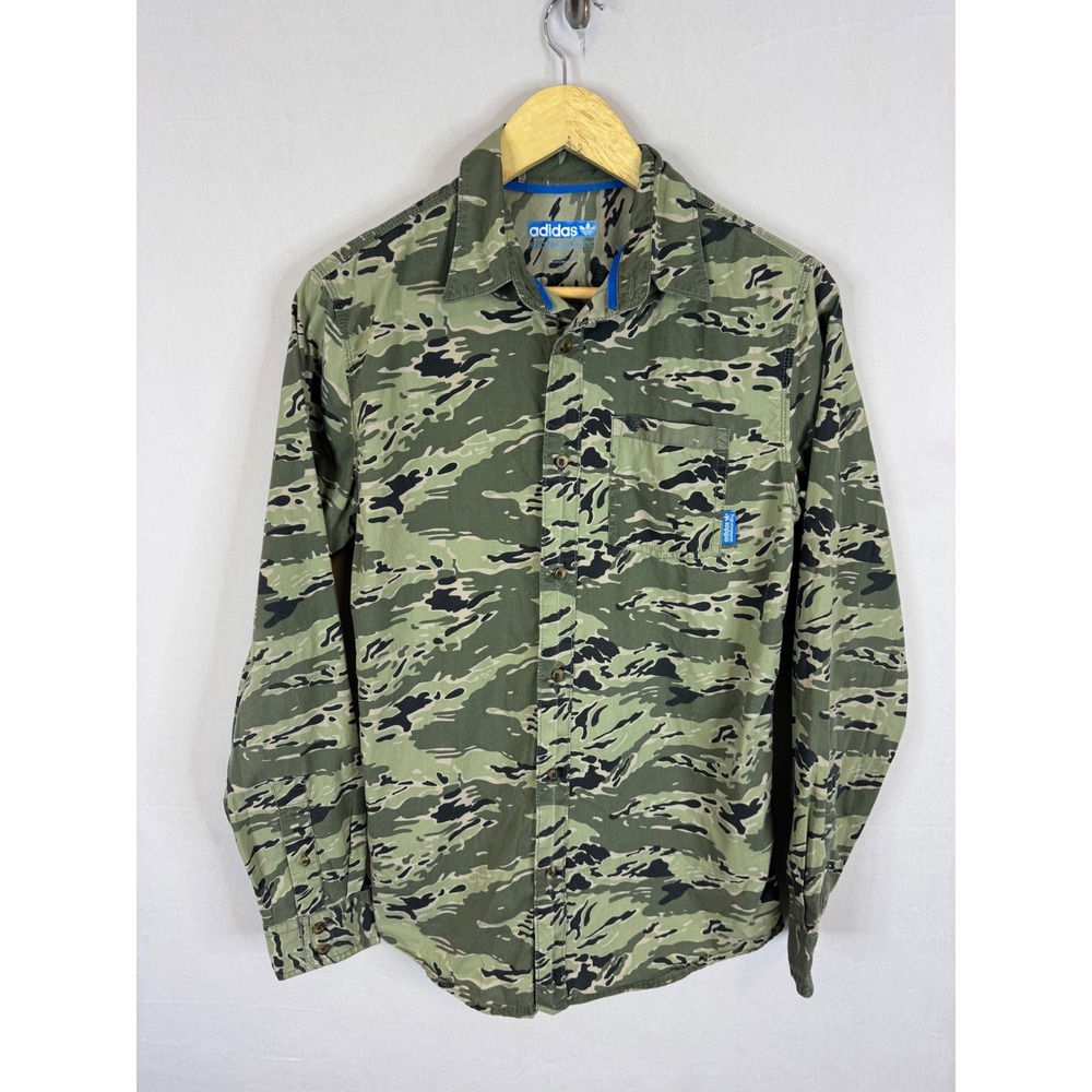Adidas Skateboarding Mens Green Tiger Stripe Camo Button Down Shirt F80245 Small